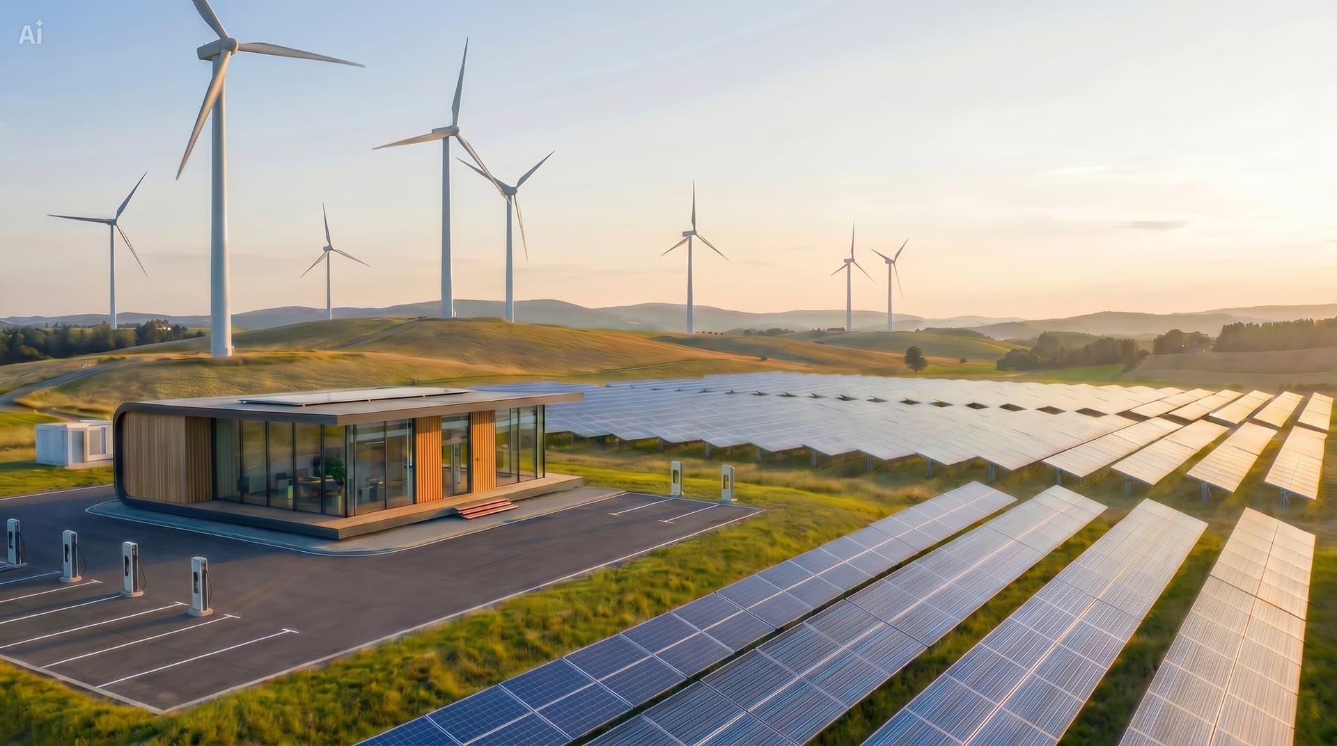 Hollandse polder met zonnepark en windmolens, duurzame energie in Nederland.