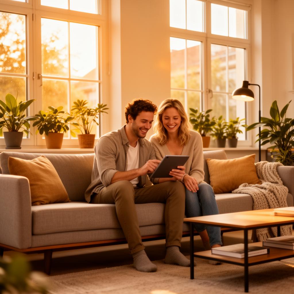 Blij stel in een warme woonkamer - energiebesparing